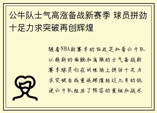 公牛队士气高涨备战新赛季 球员拼劲十足力求突破再创辉煌