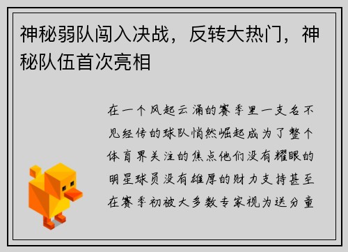 神秘弱队闯入决战，反转大热门，神秘队伍首次亮相
