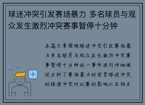 球迷冲突引发赛场暴力 多名球员与观众发生激烈冲突赛事暂停十分钟