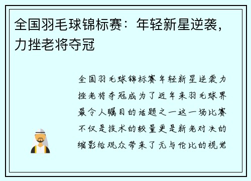全国羽毛球锦标赛：年轻新星逆袭，力挫老将夺冠