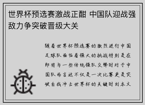 世界杯预选赛激战正酣 中国队迎战强敌力争突破晋级大关
